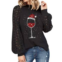 Weihnachten Pullover Damen Spitze Langarm Strickpullover Pulli Weinglas Wichtel Elch Schneemann Weihnachtsbaum Rundhals Lose Oberteile Elegant Herbst Winter Langarmshirt Sweatshirt Kapuzenpullover von Modaworld