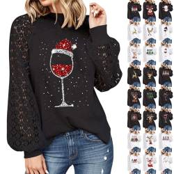 Weihnachten Pullover Damen Spitze Langarm Strickpullover Pulli Weinglas Wichtel Elch Schneemann Weihnachtsbaum Rundhals Lose Oberteile Elegant Herbst Winter Langarmshirt Sweatshirt Kapuzenpullover von Modaworld