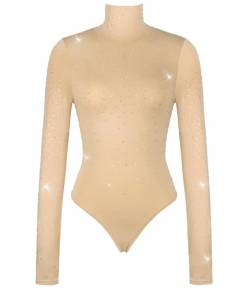 Damen Glitzernder Strass-Body Rollkragen Rücken Reißverschluss Langarm Trikot Top mit Daumenloch, Hautfarben, XL von Modegal