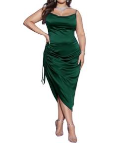 Damen-Midikleid, Übergröße, Satin, Wasserfallkragen, seitlicher Kordelzug, hoher Schlitz, Spaghettiträger, Party, figurbetontes Midikleid, Dunkelgrün, Klein von Modegal