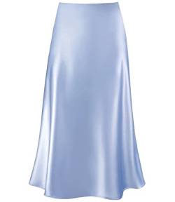 Damen-Midirock aus Satin, hohe Taille, versteckter elastischer Bund, ausgestellt, lässig, A-Linie, Babyblau, Klein von Modegal