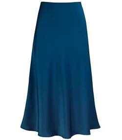 Damen-Midirock aus Satin, hohe Taille, versteckter elastischer Bund, ausgestellt, lässig, A-Linie, Dünnes Blaugrün, Mittel von Modegal