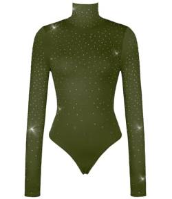 Glitzernder Damen-Body mit Strasssteinen, Rollkragen, Reißverschluss, langärmelig, Gymnastikanzug mit Daumenloch, Grün (Army Green), Medium von Modegal