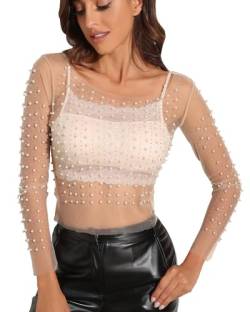 Modegal Damen Bluse mit Perlen und Strass, durchsichtig, lange Ärmel, Netz-Bluse, einteilig, bauchfreies Top - - X-Klein von Modegal