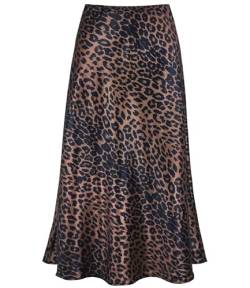 Modegal Damen-Midirock aus Satin, hohe Taille, versteckter elastischer Bund, ausgestellt, lässig, A-Linie, braun (leopardenmuster), Mittel von Modegal