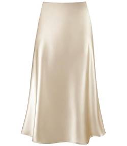 Modegal Damen Satin Hohe Taille Versteckter Gummibund Ausgestellter Casual A-Linie Midi Rock, Champagner, Mittel von Modegal