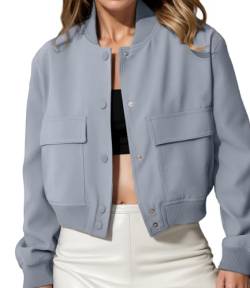 Modegal Damen Varsity Bomberjacken Langarm Cropped Button Down Casual Mantel mit Taschen Outwear, GRAU, M von Modegal