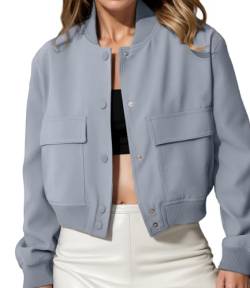 Modegal Damen Varsity Bomberjacken Langarm Cropped Button Down Casual Mantel mit Taschen Outwear, GRAU, S von Modegal