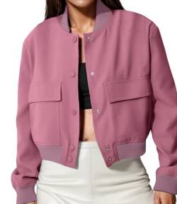 Modegal Damen Varsity Bomberjacken Langarm Cropped Button Down Casual Mantel mit Taschen Outwear, Pink, S von Modegal