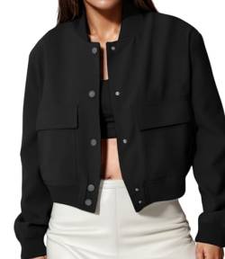 Modegal Damen Varsity Bomberjacken Langarm Cropped Button Down Casual Mantel mit Taschen Outwear, Schwarz, X-Large von Modegal