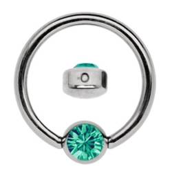 Titan Ring in 1,6 x 12 mm als Lippenbändchen Piercing mit flachem Stein in 4 mm Ø, grün-türkis von Modern Nature Piercingschmuck
