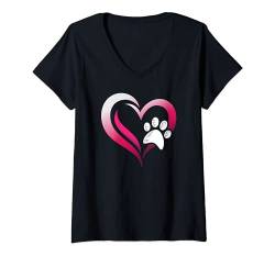 Damen Niedlich Ich liebe meinen Hund Welpe Katze Pfote Herz T-Shirt mit V-Ausschnitt von Modern Tees Plus