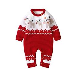 0-18 Monate Baby Knit Jumpsuit Neugeborene Junge Mädchen Langarm Rundhals Gestrickt Cartoon Elch Print Weihnachten Strampler Kleidung Gr. 56, rot von Moent