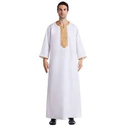 Muslim Kaftan Herren, Herren Kaftan Baumwolle Leinen Lang Einfarbig Jilbab Herren Muslimische Robe mit Tasche Islamische Gebetskleidung für Männer Afghanische Arabische Kleidung (W15-White, XXXL) von Moginp