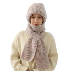 MoguGo Damen Verdickter Warmer Einteiliger Hutschal, 2 in 1 Winterschal Mütze, Integrierter Gehörschutz Winddichte Mütze Schal, Winter Warm Strickmütze, Kapuzenschal für Frauen (Beige) von MoguGo