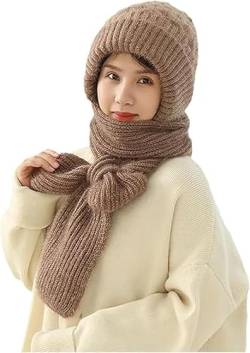 MoguGo Damen Verdickter Warmer Einteiliger Hutschal, 2 in 1 Winterschal Mütze, Integrierter Gehörschutz Winddichte Mütze Schal, Winter Warm Strickmütze, Kapuzenschal für Frauen (Khaki) von MoguGo