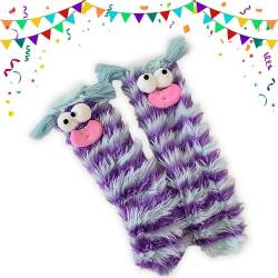 MoguGo Flauschige Cartoon-Monster-Socken, Flauschige Tiersocken, Winter-Kawaii-lustige Eltern-Kind-Schlafsocken (Gestreiftes Blau) von MoguGo