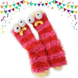 MoguGo Flauschige Cartoon-Monster-Socken, Flauschige Tiersocken, Winter-Kawaii-lustige Eltern-Kind-Schlafsocken (Rot) von MoguGo
