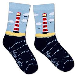 Moin Socks Leuchtturm Socke mit Strand und Wellen, Unisex Größe 36-40 von Moin Socks