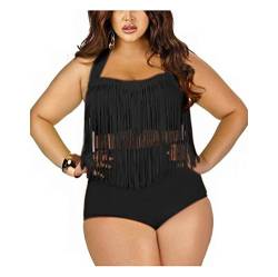 Moin Frauen Plus Size Bikini Set Neckholder Bademode Zwei Teil Badeanzug Schwimmanzug Swimmsuit Swimwear mit Extra Gross Quaste Fransen Farbe Schwarz Größe XXXL von Moin