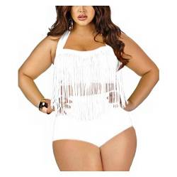 Moin Frauen Plus Size Bikini Set Neckholder Bademode Zwei Teil Badeanzug Schwimmanzug Swimmsuit Swimwear mit Extra Gross Quaste Fransen Farbe Weiß Größe XXL von Moin