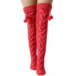 Overknee Strümpfe Damen mit Pompon, Kniestrümpfe Damen Winter, Lange Overknee Strümpfe, Thigh High Socks, Lange Gestreifte Socken, Oberkneestrümpfe Damen (Rot) von Moitkptt