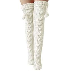 Overknee Strümpfe Damen mit Pompon, Kniestrümpfe Damen Winter, Lange Overknee Strümpfe, Thigh High Socks, Lange Gestreifte Socken, Oberkneestrümpfe Damen (Weiß) von Moitkptt