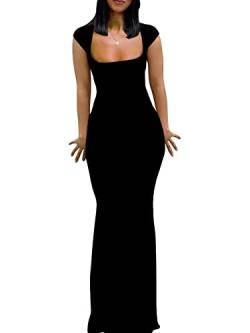 Damen Sommer Flügelärmel Quadratischer Ausschnitt Elegant Casual Lounge Bodycon Slim Maxi Abend Party Langes Kleid, Schwarz, Klein von Mokayee