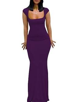 Damen-Sommerkleid, Flügelärmel, quadratischer Ausschnitt, elegant, lässig, figurbetont, Maxi-Kleid, Abendkleid, Party, langes Kleid, Dunkles Violett, Klein von Mokayee