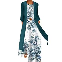 Damen Kleid Outfits Cardigan Lange Oberteile + Casual O Ausschnitt Blumenmuster Langes Kleid Zweiteiliges Set, 01 Druck, 54 von Mokkpeq