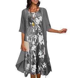 Damen Strickjacke Kleid Blumendruck zweiteiliges großes Saum Chiffon Midikleid Set, silber, X-Large von Mokkpeq