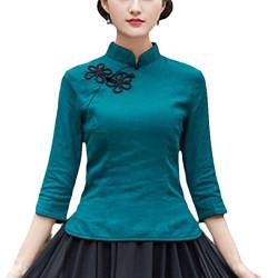Hanfu -Shirt Chinesischer Stil Frauen 3/4 Ärmeln Cheongsam Top Ethnischer Stil Vintage Frosch Knöpfe Up Shirt Green-1 XXL von Mokkpeq