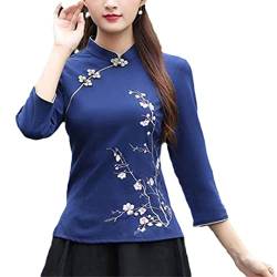 Mokkpeq Damen Sommer Baumwolle Hemd Stickerei Stehkragen Chinesische Qipao Hemden 3/4 Ärmel Arbeit Casual Bluse Blue 3XL von Mokkpeq