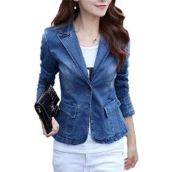 Mokkpeq Herbst Lange Ärmeln Eine Taste Kurze Denim Blazer Frauen Schlank Vintage Arbeit Casual Business Jeans Anzug Jacke Blue XXS von Mokkpeq