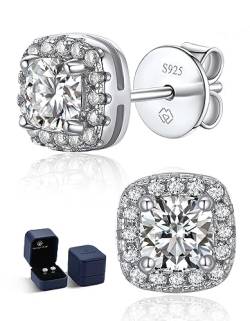 MomentWish Moissanite Halo Ohrringe, 2,2 Karat Moissanit-Diamant Kissen Ohrstecker 925 Sterling Silber Echt Glitzer Hochzeit Brillant Ohrringe D Farbe VVS1 für Frauen Damen von MomentWish