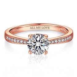 MomentWish Personalisiert Verlobungsring Damen, 1 Karat Moissanit Diamant Ring Damen, VVS1 D Farbe Rose 925 Sterling Silber, Verlobung Hochzeit Geschenk Ring für Frauen-Größe50 von MomentWish