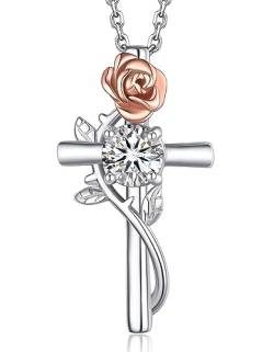 MomentWish Rose Kreuz Kette, Jahrestag Geschenk für sie, 1 Karat Moissanite Silberkette Damen 925 mit Anhänger Halskette für Frauen Mama von MomentWish