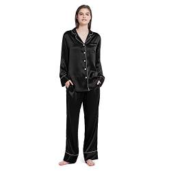 Mommesilk Damen Maulbeerseide Schlafanzug Pyjama Set Nachtwäsche Homewear Damenpyjama aus 19 Momme Seide Sommer Schwarz, XL von Mommesilk