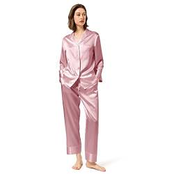Mommesilk Seide Pyjama Damen Maulbeerseide Schlafanzug 2pc Set Nachtwäsche Homewear Damenpyjama Mädchen Reise aus Echte 19 Momme Seiden (Rosa, M) von Mommesilk