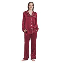 Mommesilk Seide Pyjama Damen Maulbeerseide Schlafanzug 2pc Set Nachtwäsche Homewear Damenpyjama Reise aus Echte 19 Momme Seide Weinrot, S von Mommesilk