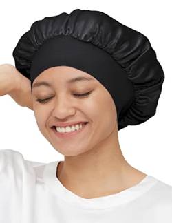 Mommesilk Seide Schlafmütze 1 STK Damen mit Langen Haaren Weiche Nachtmütze mit breitem Gummiband für Schlafen/Krebs/Chemo/Haar-Verlust Verpackung MEHRWEG - Schwarz von Mommesilk