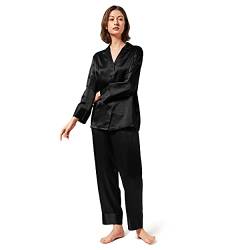 Mommesilk Silk Pyjamas für Frauen Langarm waschbar Mulberry Silk Pj Sets Schlaf Sommer Nachtwäsche Damen Seide Soft Loungewear Schwarz Medium von Mommesilk