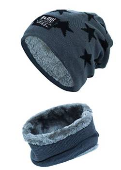 Momoon Dicke Beanie Hut +Schal Set Winter Warmen Schnee Knit Skull Cap für Kinder Jungen Mädchen(Suitable for 6-14, Stern dunkelgrau, one size(fit teenager 6-14) von Momoon