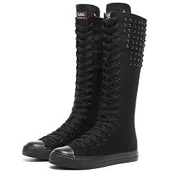 Momuk Punk-Stil, lange Nieten, Segeltuchstiefel, kniehohe, lässige, modische Rockschuhe für Damen und Mädchen von Momuk