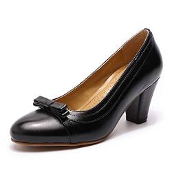 Mona flying Damen Handgefertigt Leder Blockabsatz Pumps Elegante High Heels Slip On Arbeitspumpen,Schwarz,37.5 EU von Mona flying