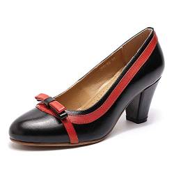 Mona flying Damen Handgefertigt Leder Blockabsatz Pumps Elegante High Heels Slip On Arbeitspumpen,Schwarz Rot,39 EU von Mona flying