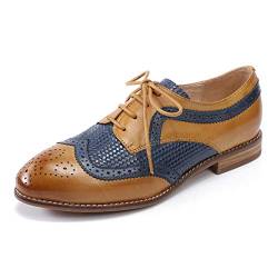 Mona flying Damen Handgefertigt Leder Brogue Oxford Zweifarbig Flache Lederschuhe Für Damen,Braun-blau-braun,37.5 EU von Mona flying