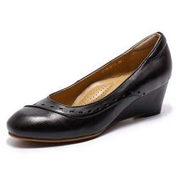 Mona flying Damen Handgefertigt Leder Keilabsatz Pumps Komfort Keilpumps Slip On Wedge Heels,Schwarz,39 EU von Mona flying