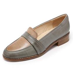 Mona flying Damen Handgefertigt Leder Loafer Slipper Mandelzehe Zweifarbig Mokassins Casual Schuhe,Grau-Kaffee,39 EU von Mona flying