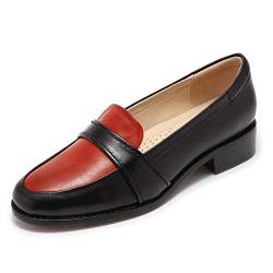 Mona flying Damen Handgefertigt Leder Loafer Slipper Mandelzehe Zweifarbig Mokassins Casual Schuhe,Schwarz-Rot,40.5 EU von Mona flying